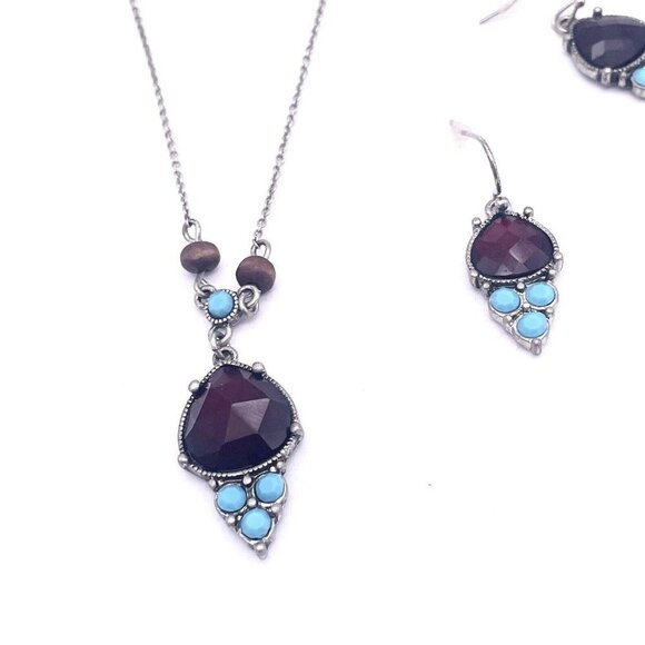 NRT Inspired Beaded Gemstone Drop Necklace & Earring Set Silver Tone 15-18 Inch - Picture 3 of 4